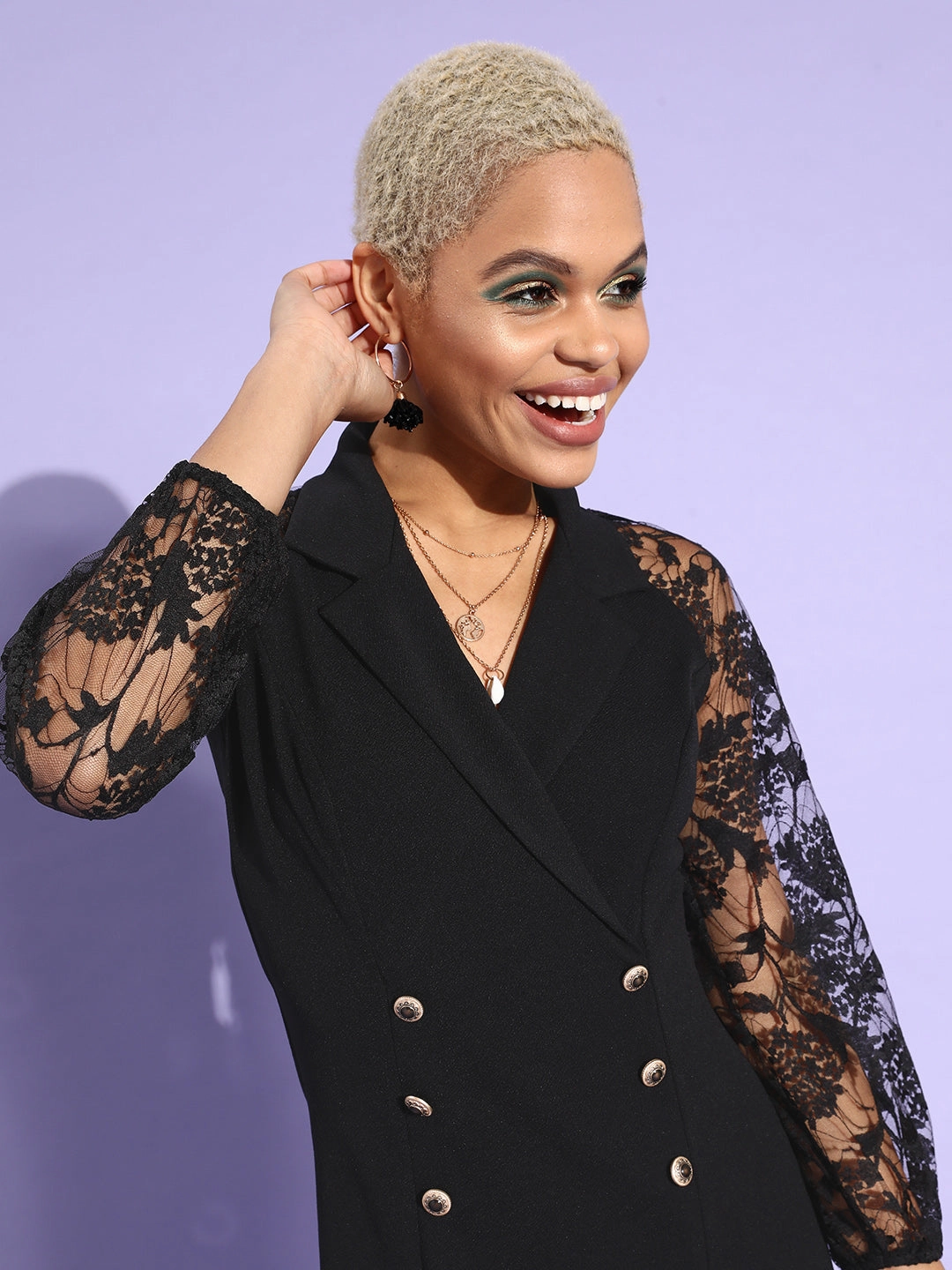 Neutral Finish Flowing Fit Crease Ease Women's Black Notch Collared Solid Ruffled Knee Length Blazer Dress