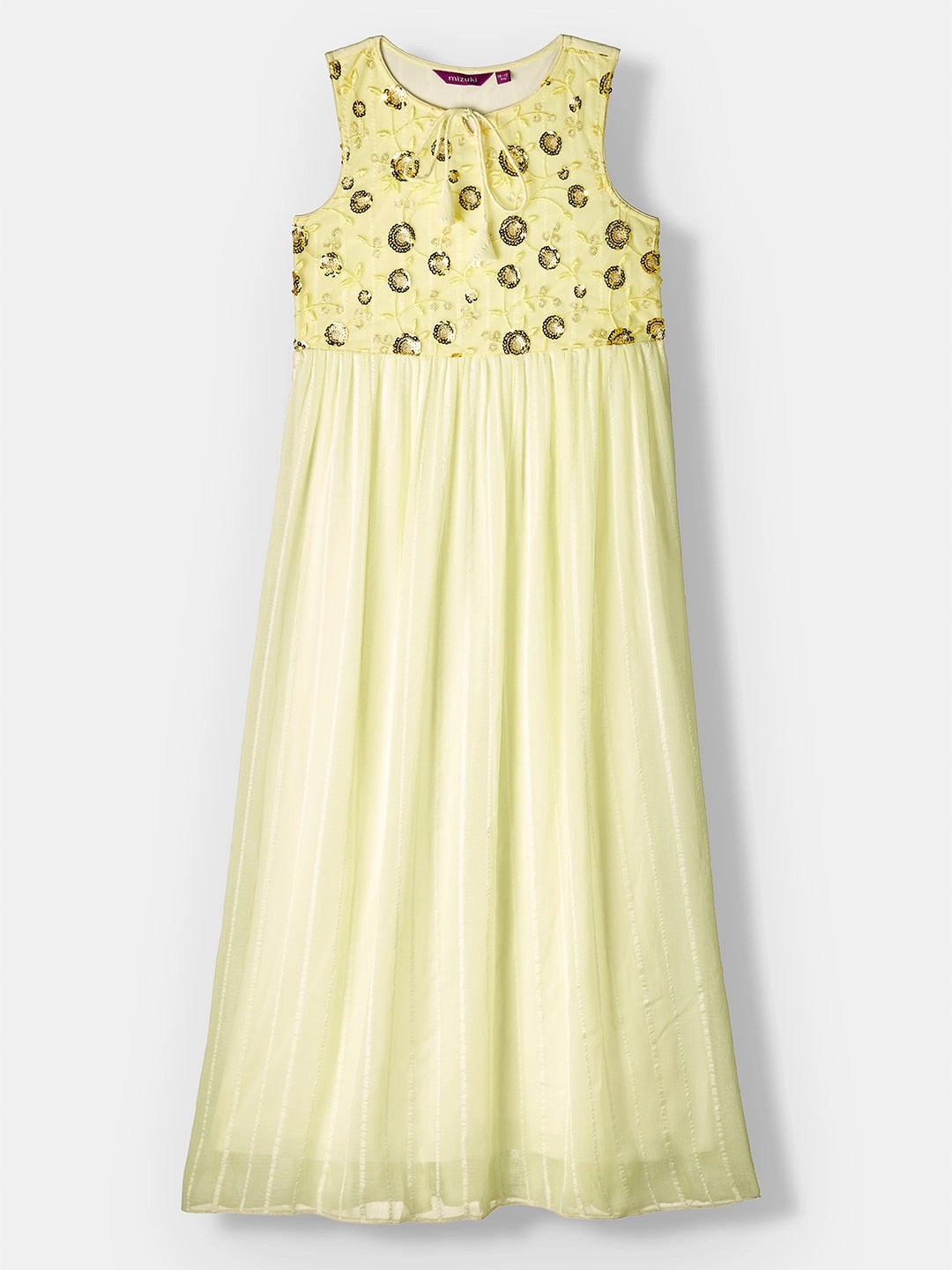 Comfy Fit Wear Golden & Cream Key Hole Sleeveless Embellished Flared Maxi Dress