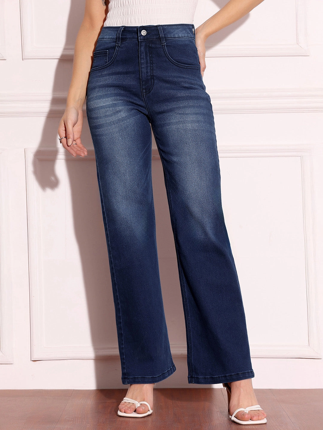 Women's Navy-Blue Straight-Fit Mid-Rise Clean-Look Regular-Length Stretchable Denim Jeans Barrel Leg Construction