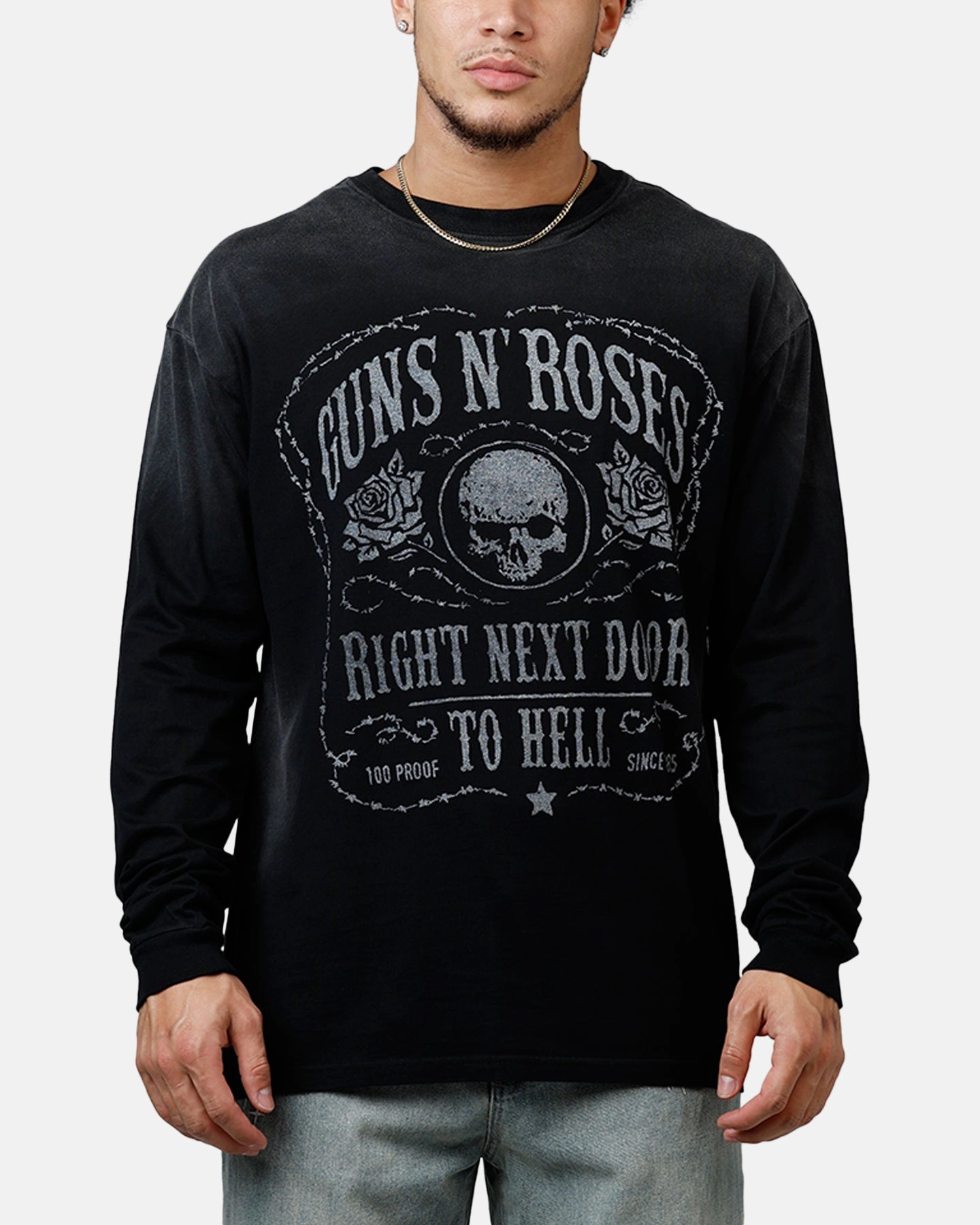 Guns N Roses Next Door To Hell Long Sleeve T-Shirt Washed Black Durable Chainstitch