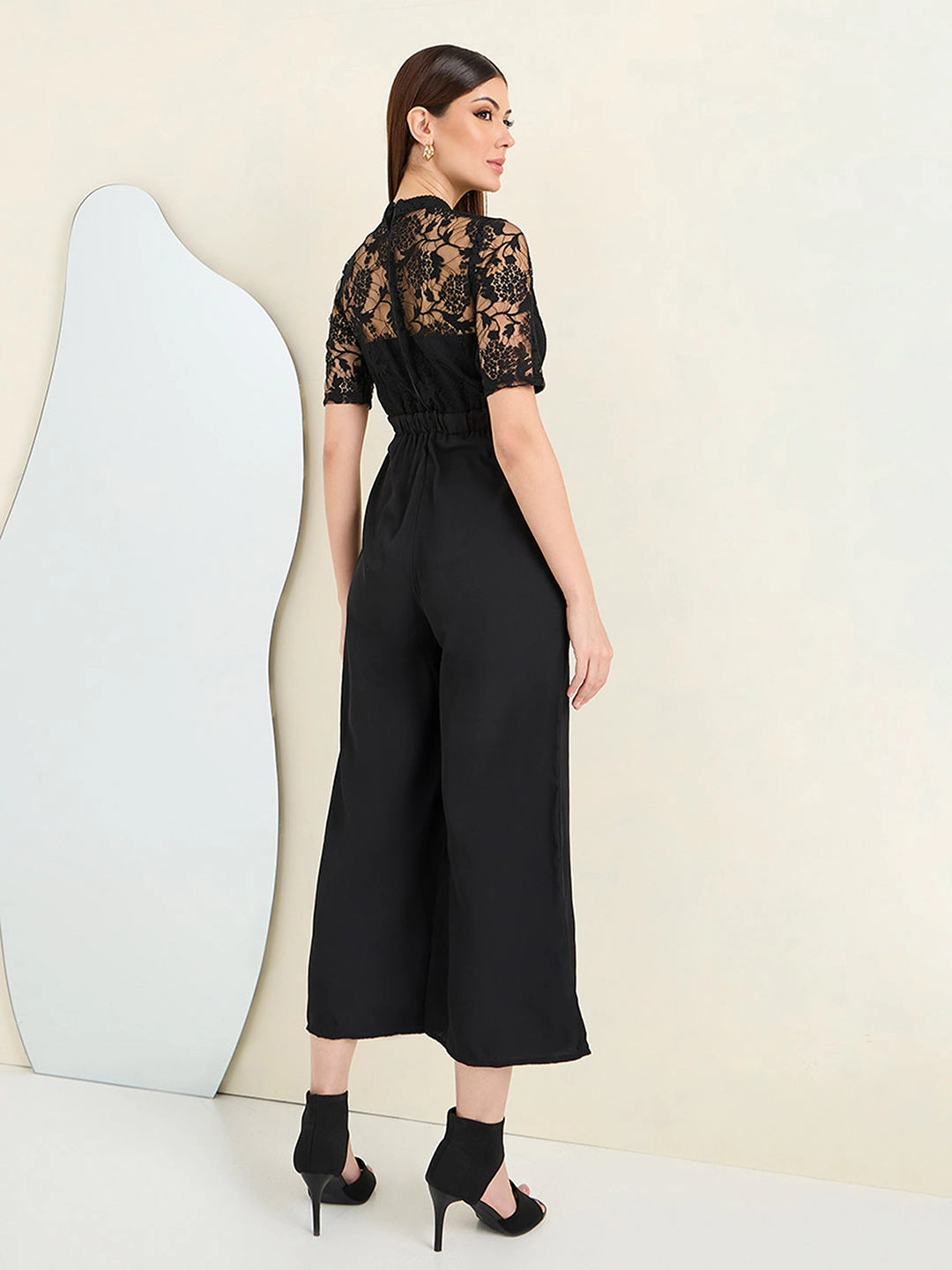 Simple Mood Women's Black Floral Printed Crepe Regular Fit Polo Neck Short Sleeve Regular Length Jumpsuit