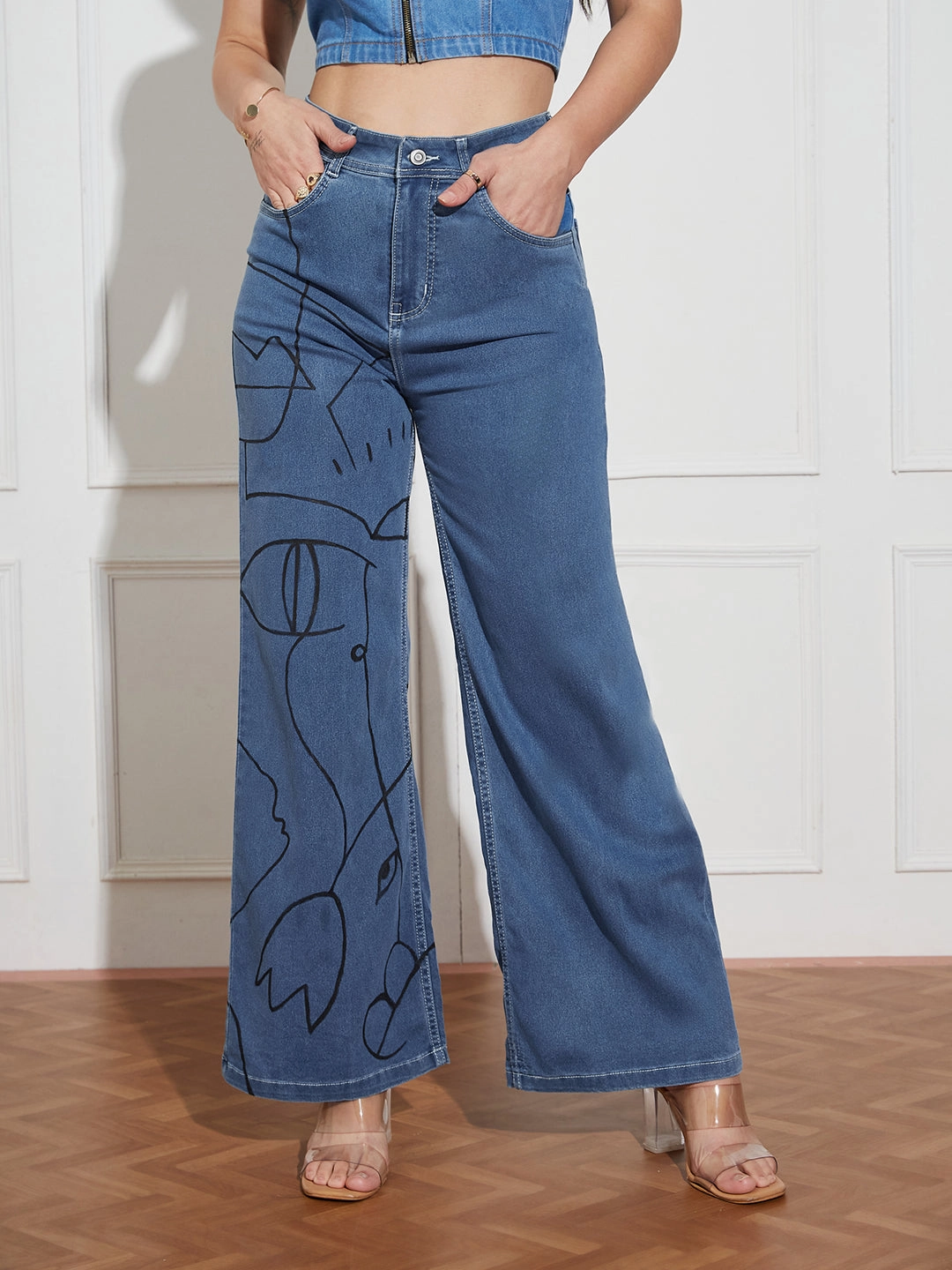 Home Comfort Autumn Days Elegant Neat And Easy Hand Painted Denims: Abstract Adventures Wide-Leg Jeans