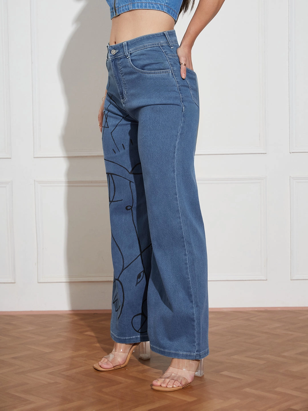 Elegant Vibrant Textured Hand Painted Denims: Abstract Adventures Wide-Leg Jeans