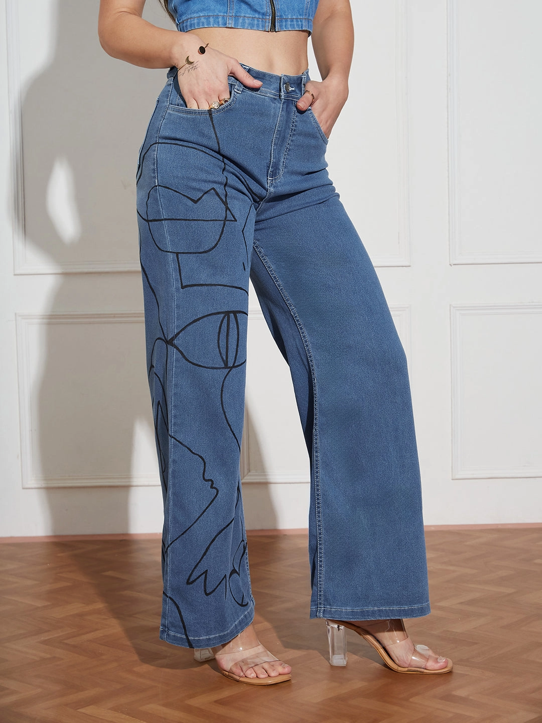 Contemporary Waistband Hand Painted Denims: Abstract Adventures Wide-Leg Jeans
