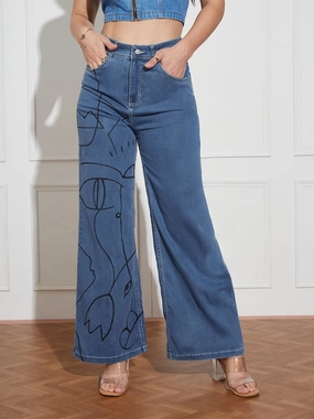 Home Comfort Autumn Days Elegant Neat And Easy Hand Painted Denims: Abstract Adventures Wide-Leg Jeans