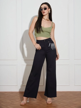 Modern Youth Style Party Look Hand-Painted Denims: Halloween Spooks Wide-Leg High-Rise Jeans