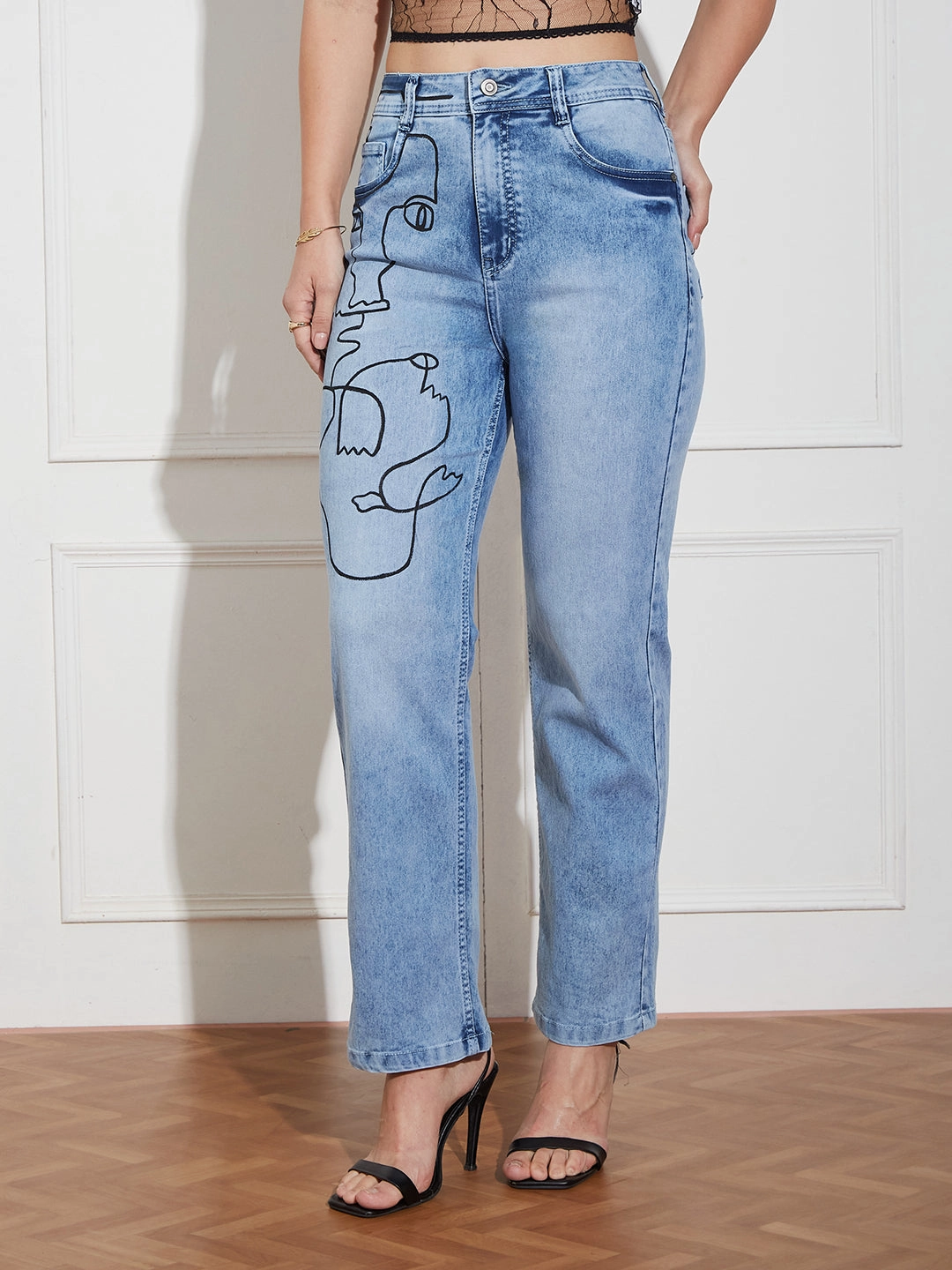 Holiday Vibes Stretch All Round Piece Hand-Painted Denims: Morticia Addams Line Art Mom-Fit Jeans