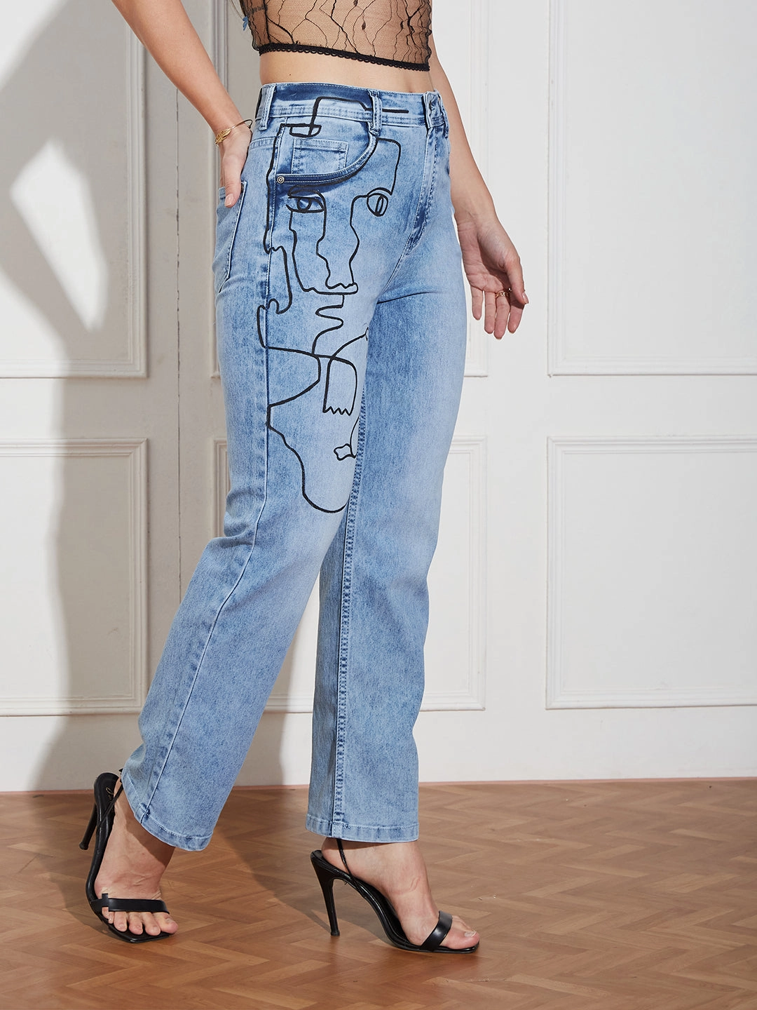 Hand-Painted Denims: Morticia Addams Line Art Mom-Fit Jeans Fashion Lover Outdoor Enthusiast