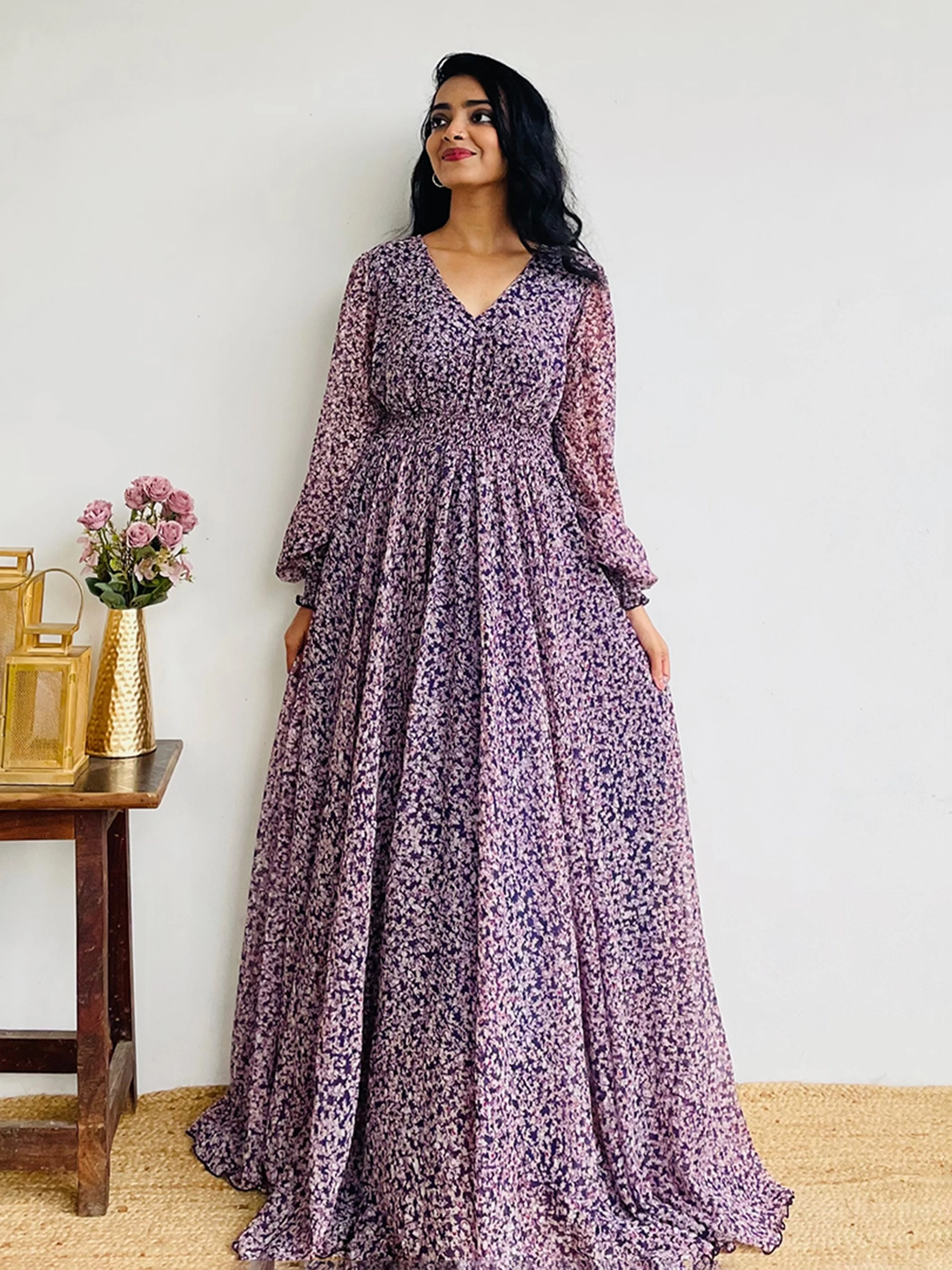 Women's Multicolored-Base-Purple V-Neck Bishop Sleeve Floral Gathered Chiffon Maxi Dress Breathable Design