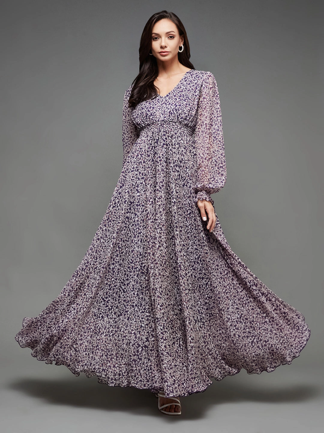 Sleek Outline Simple Touch Women's Multicolored-Base-Purple V-Neck Bishop Sleeve Floral Gathered Chiffon Maxi Dress