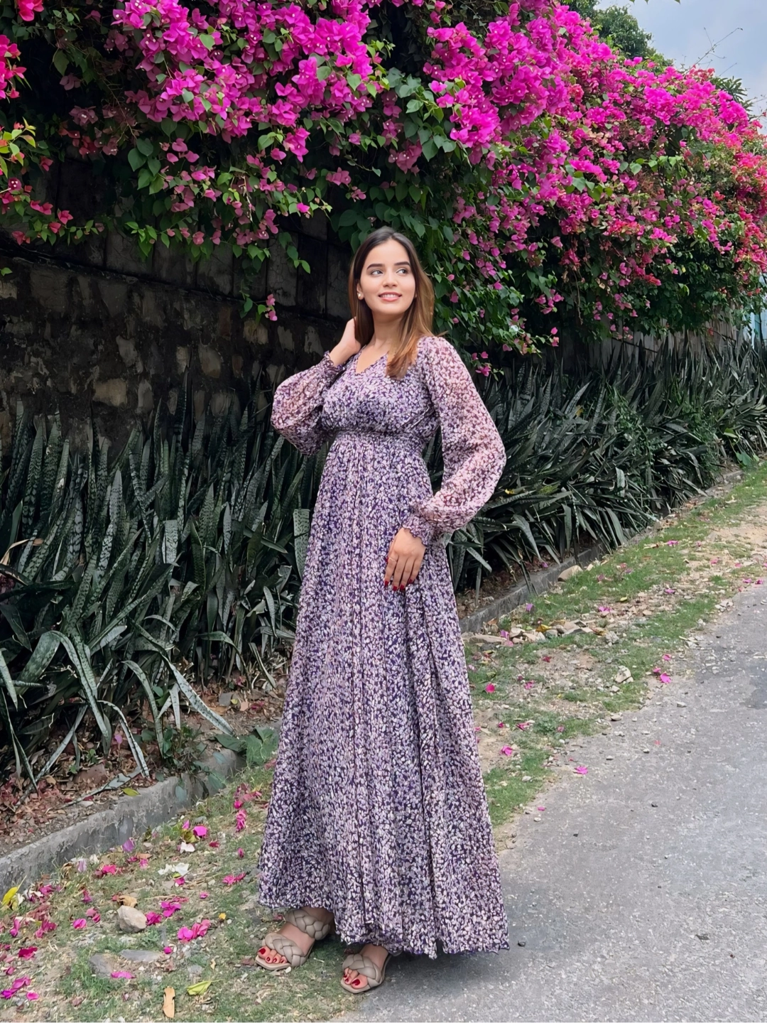 Cozy Texture garden party Women's Multicolored-Base-Purple V-Neck Bishop Sleeve Floral Gathered Chiffon Maxi Dress