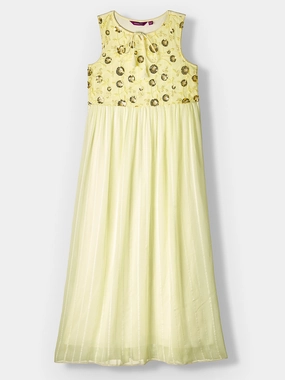 Neutral Feel Golden & Cream Key Hole Sleeveless Embellished Flared Maxi Dress