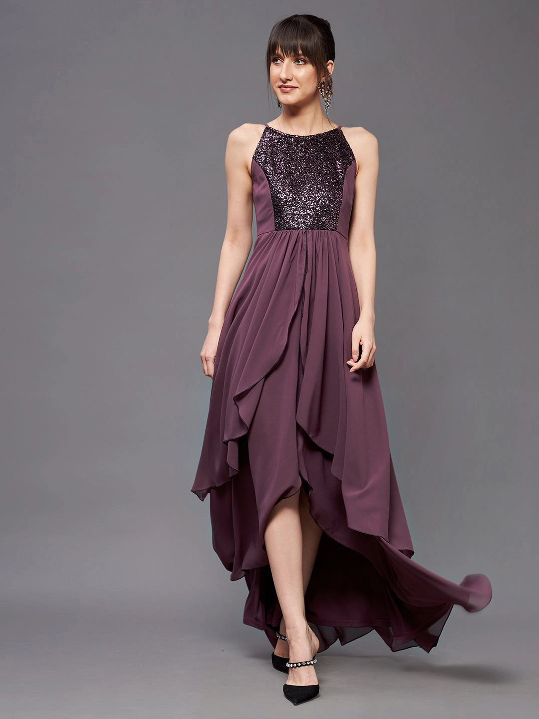Women's Mauve Halter Neck Sleeveless Sequined Layered Party Maxi Dress Statement-Buttons Bold Simplicity
