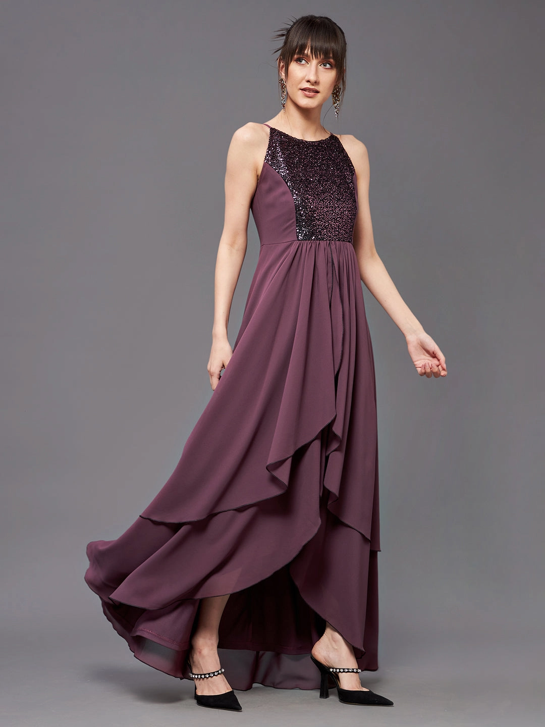 Women's Mauve Halter Neck Sleeveless Sequined Layered Party Maxi Dress Neutral Feel Subtle Glow
