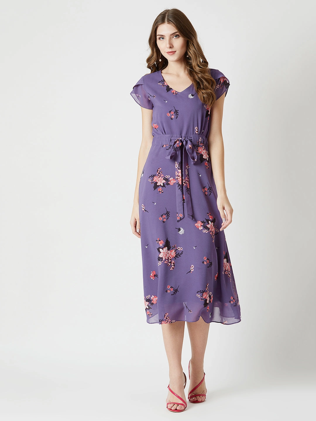 Women's Multicolored Base Lavender V-Neck Short Sleeved Floral Pleated Midi Dress Modern Waist