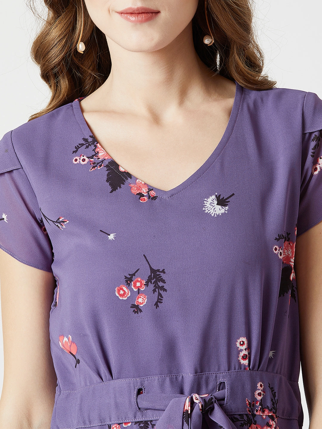 Body Confidence Breathable Design Women's Multicolored Base Lavender V-Neck Short Sleeved Floral Pleated Midi Dress