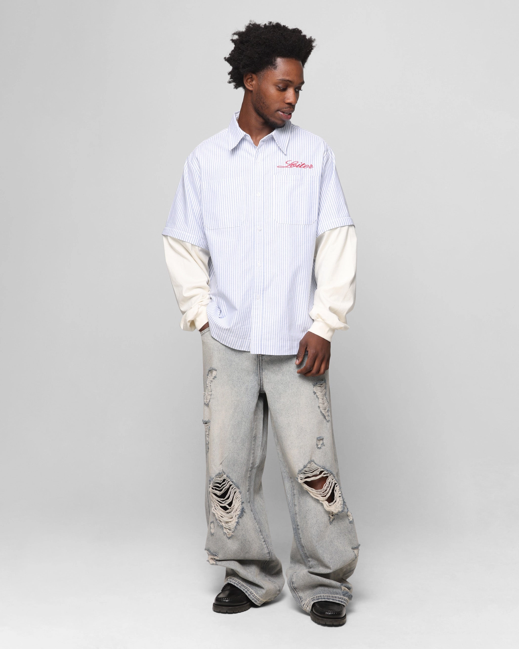 Loiter Art Studio Work Shirt Blue Stripe Temperature Regulating Fabric Trendy Cardigan