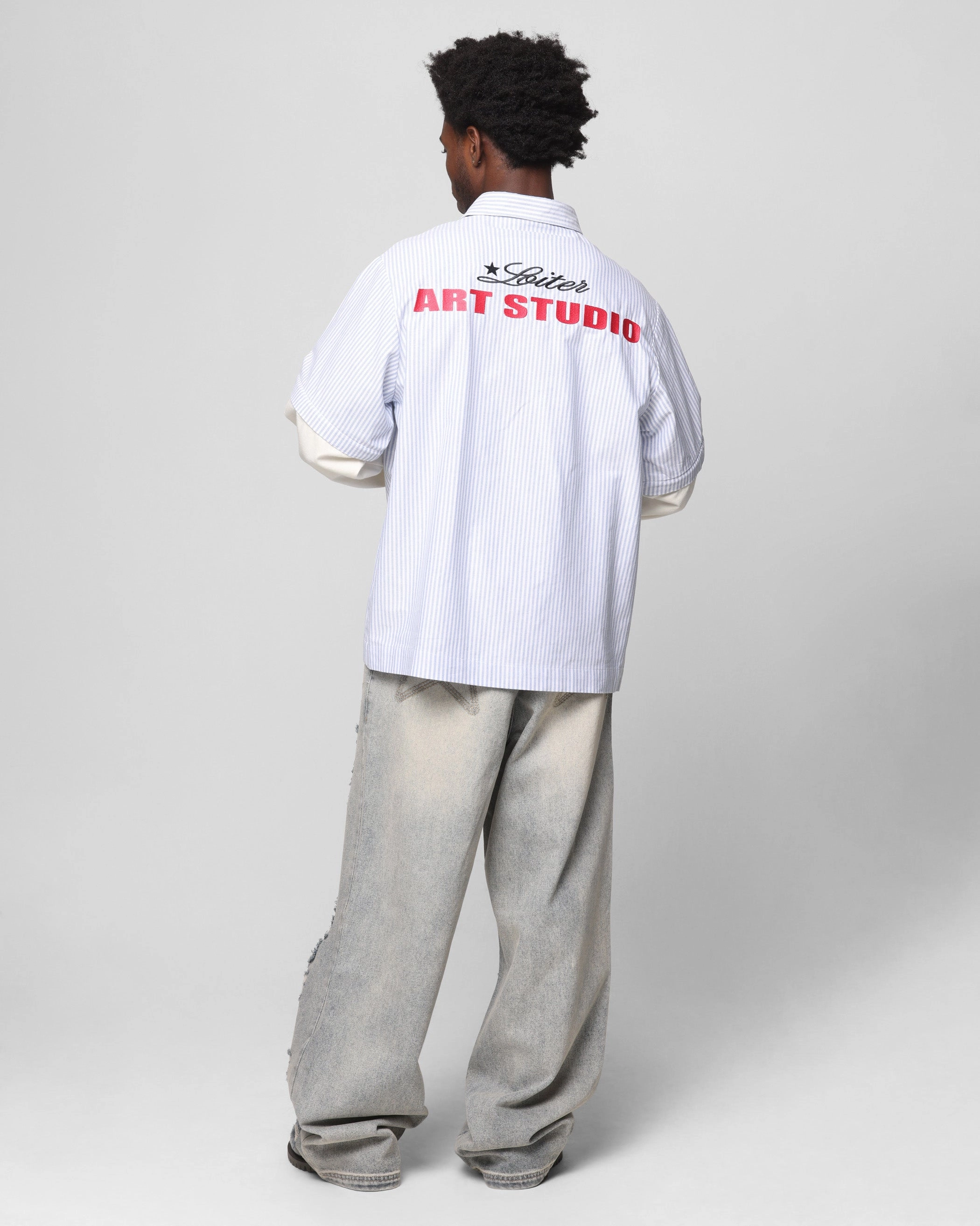 RecycledPolyester AbrasionResistant Surface Loiter Art Studio Work Shirt Blue Stripe