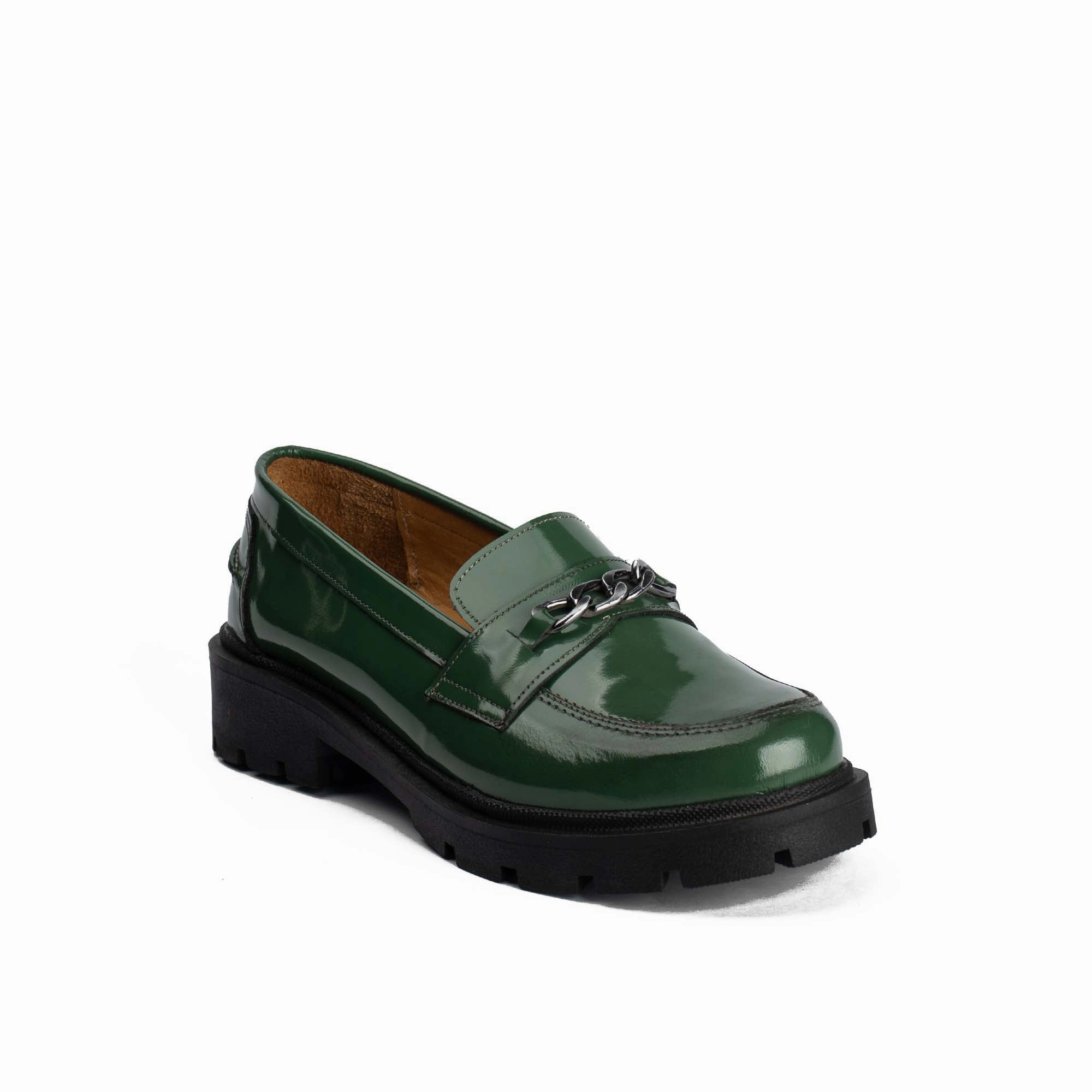 Casual Slip-on Shoes Heel Fit Flora Green Natural Leather Loafers
