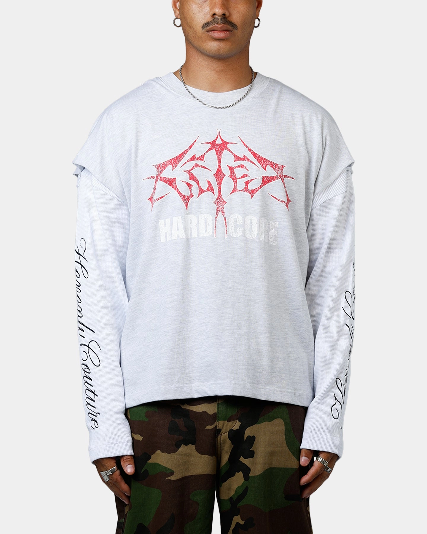Buttery Soft Handfeel Loiter Hardcore Layered Long Sleeve T-Shirt Grey/White