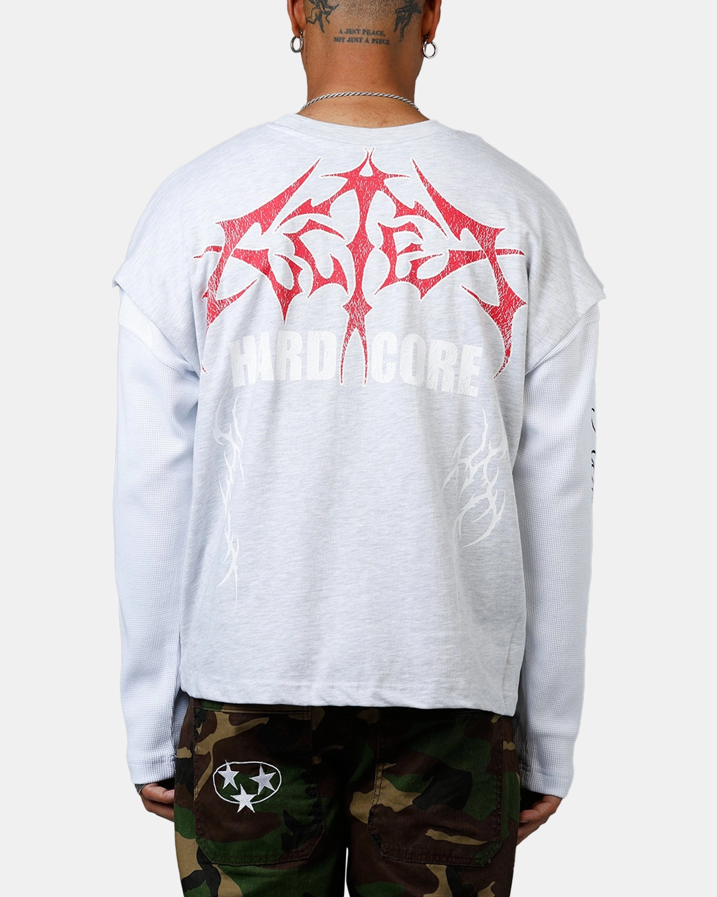 Buttonless Closure Friction Resistant Finish Loiter Hardcore Layered Long Sleeve T-Shirt Grey/White