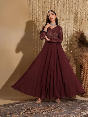 Breezy Comfort Chic and Cozy Women's Wine V-Neck Full Sleeve Self Design Lace-Overlaid Georgette Maxi Dress