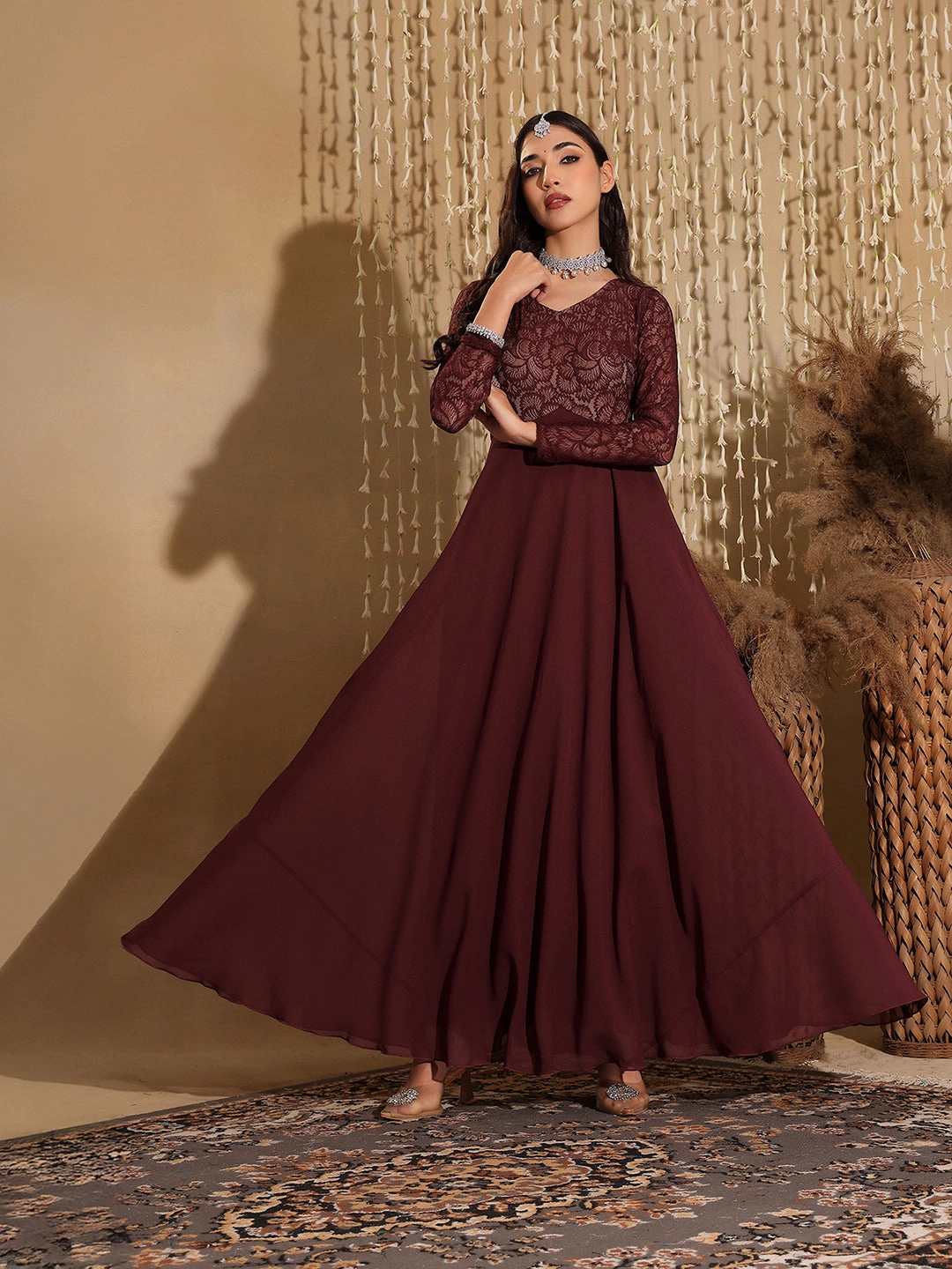 Breezy Comfort Chic and Cozy Women's Wine V-Neck Full Sleeve Self Design Lace-Overlaid Georgette Maxi Dress