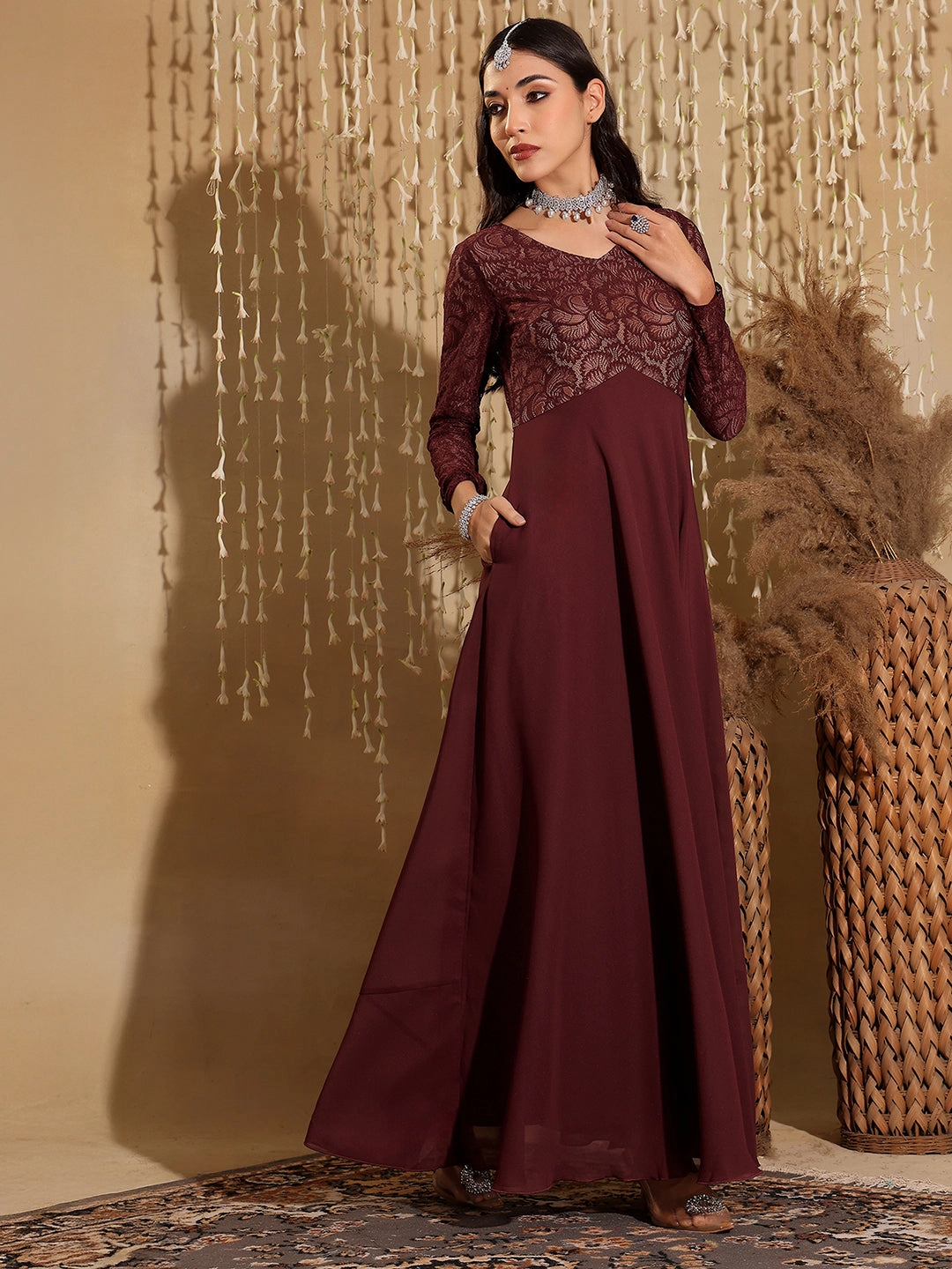 EcoFriendlyDye Women's Wine V-Neck Full Sleeve Self Design Lace-Overlaid Georgette Maxi Dress