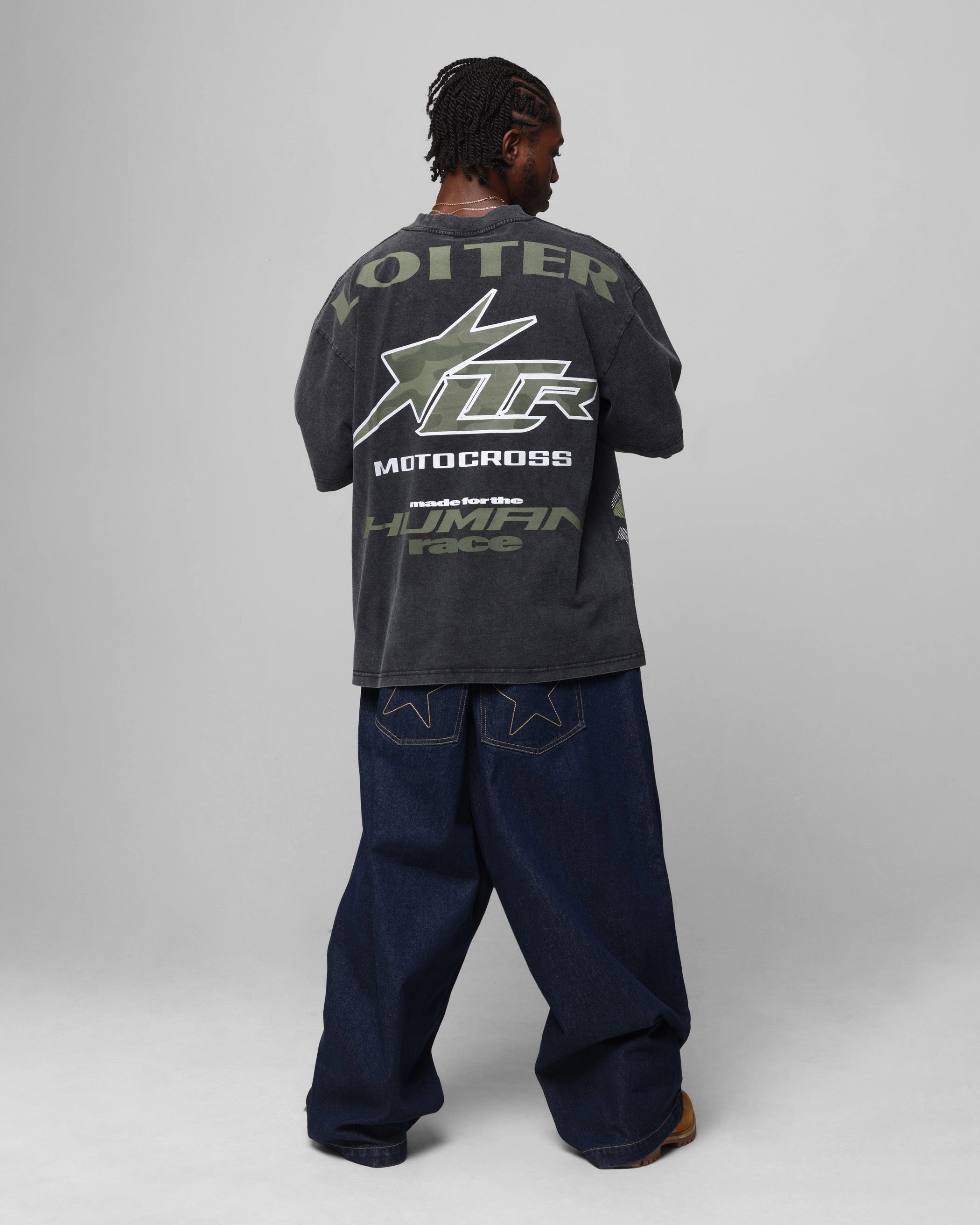 Drop Shoulder FadeResistant Dye Loiter Motocross Vintage T-Shirt Vintage Black