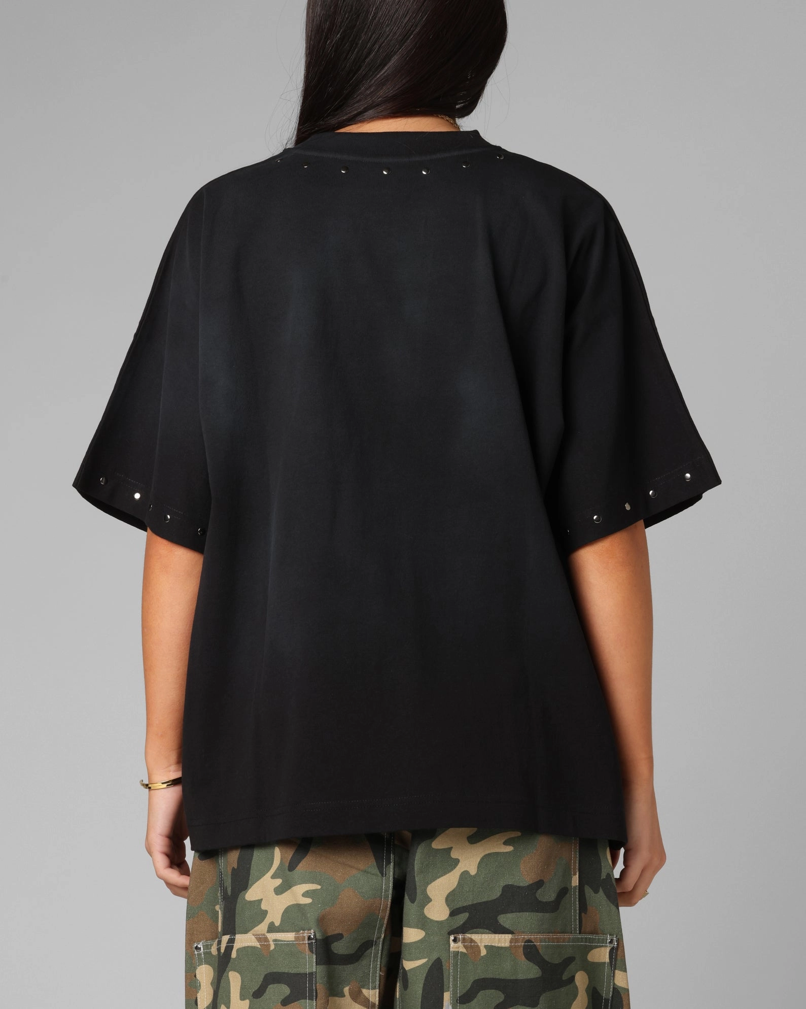 Non Closure Collar WrinkleResistant Cloth Loiter Opaque Boxy T-Shirt Black