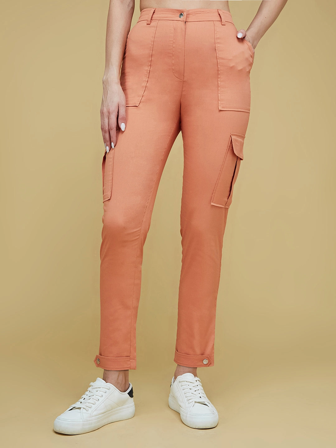 Urban Look Women's Dusty Orange Solid Polyester High-Waist Regular Length Trousers