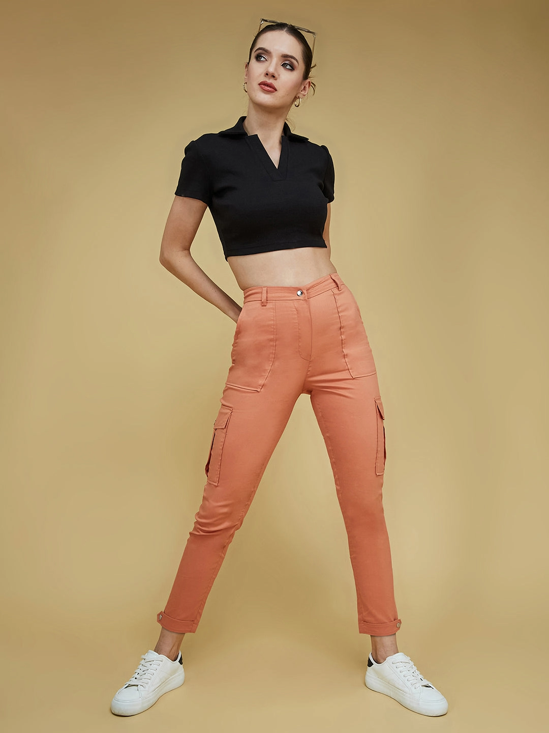 Women's Dusty Orange Solid Polyester High-Waist Regular Length Trousers Simple Comfort TaglessComfort
