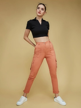 Women's Dusty Orange Solid Polyester High-Waist Regular Length Trousers Simple Comfort TaglessComfort