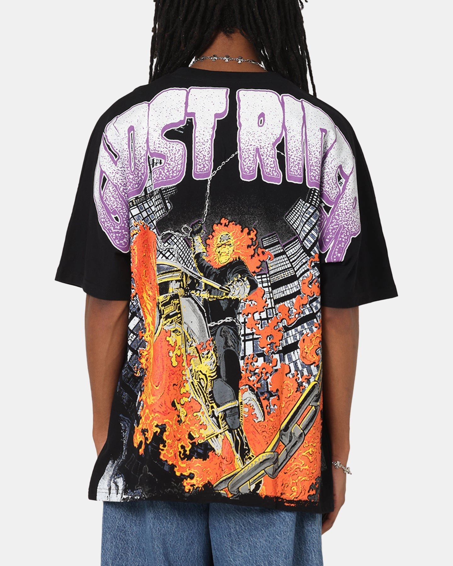 American Thrift Marvel Ghost Rider All Over Print T-Shirt Black FadeResistantTechnology EcoDyeProcess