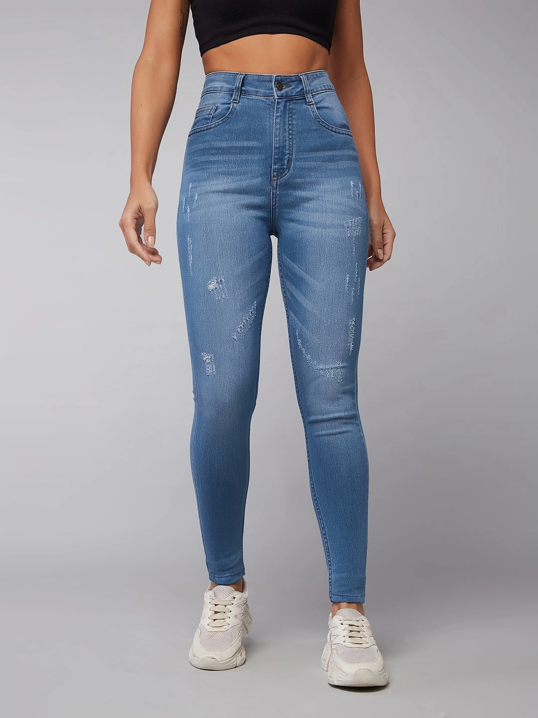 Flexible Waist CHASEstretch? Blue Skinny High-Rise Mild Distress Denim Jeans