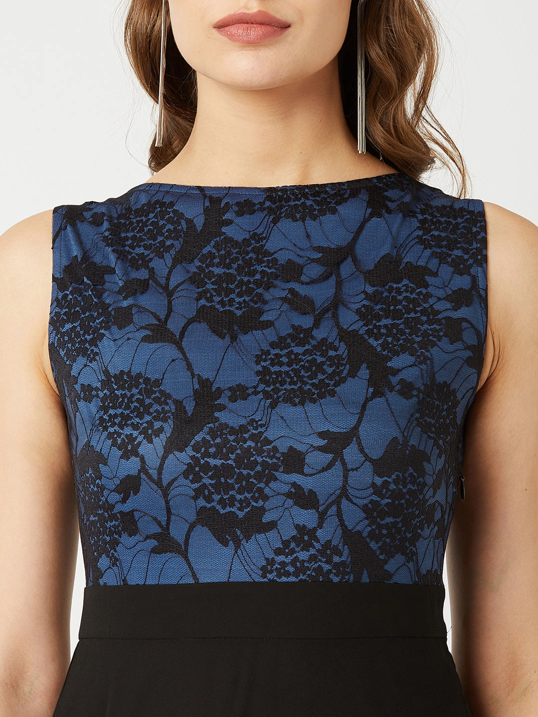 Women's Blue & Black Round Neck Sleeveless Georgette Floral Lace Fit & Flare Maxi Dress Flare Hem Holiday Wear