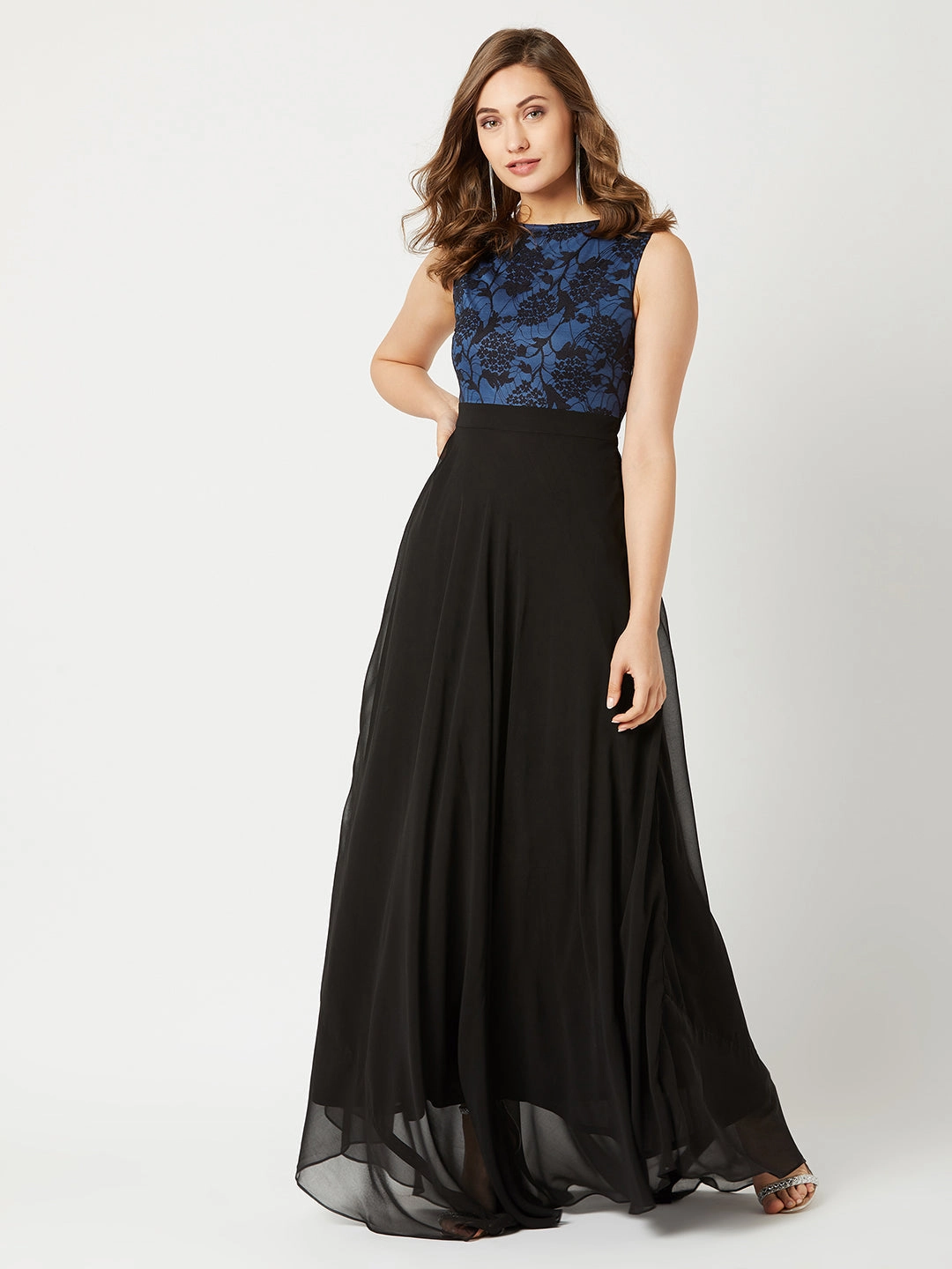 Women's Blue & Black Round Neck Sleeveless Georgette Floral Lace Fit & Flare Maxi Dress Soft Touch