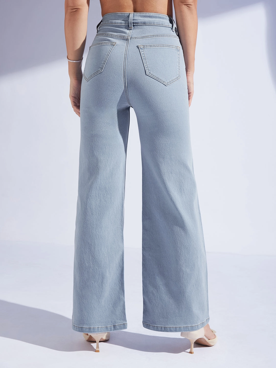 Women's Light Blue High-Rise Wide Leg Stretch Denim Jeans with Tie-Up Waist Friction Free Inner Lining Stay Comfortable