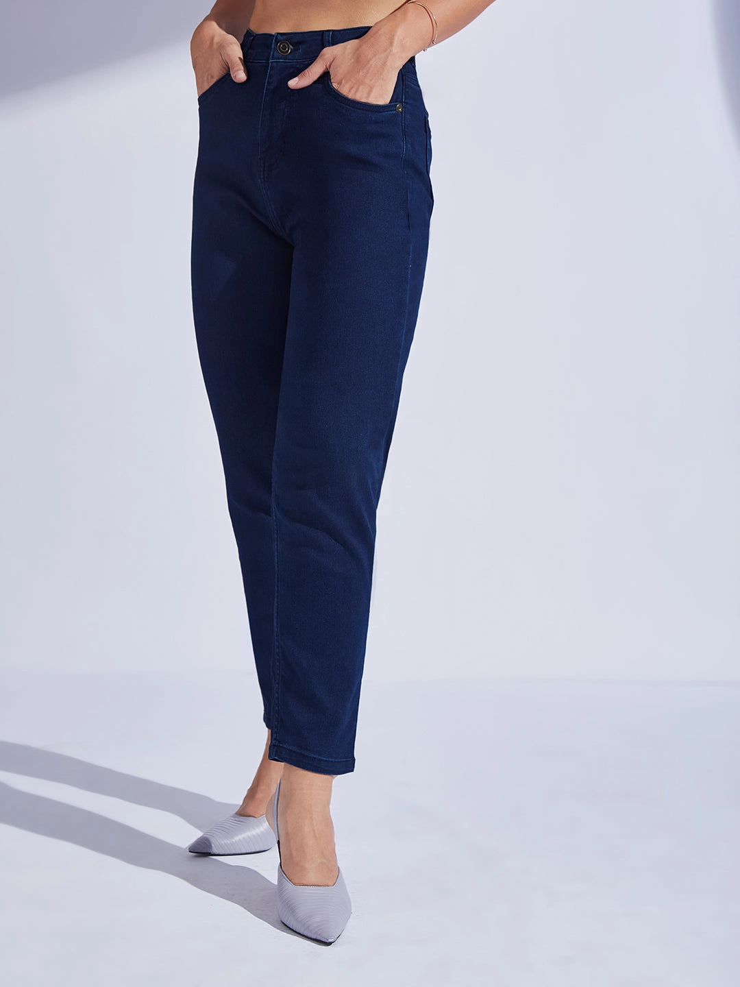 Modern Fit Women's Navy Blue High-Rise Regular-Length Stretchable Denim Mom'S Jeans