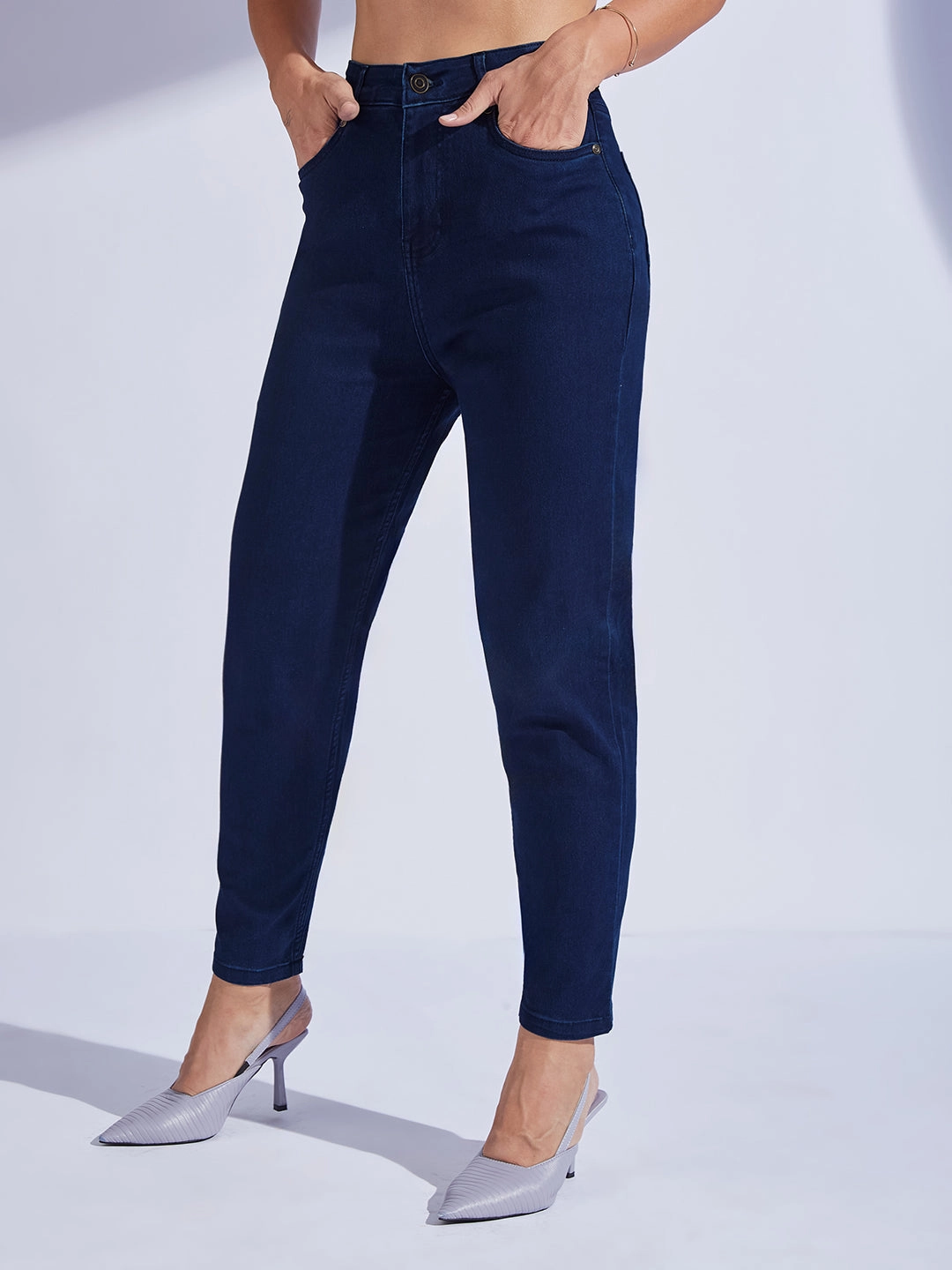 Unisex Outfit Standard Piece Women's Navy Blue High-Rise Regular-Length Stretchable Denim Mom'S Jeans