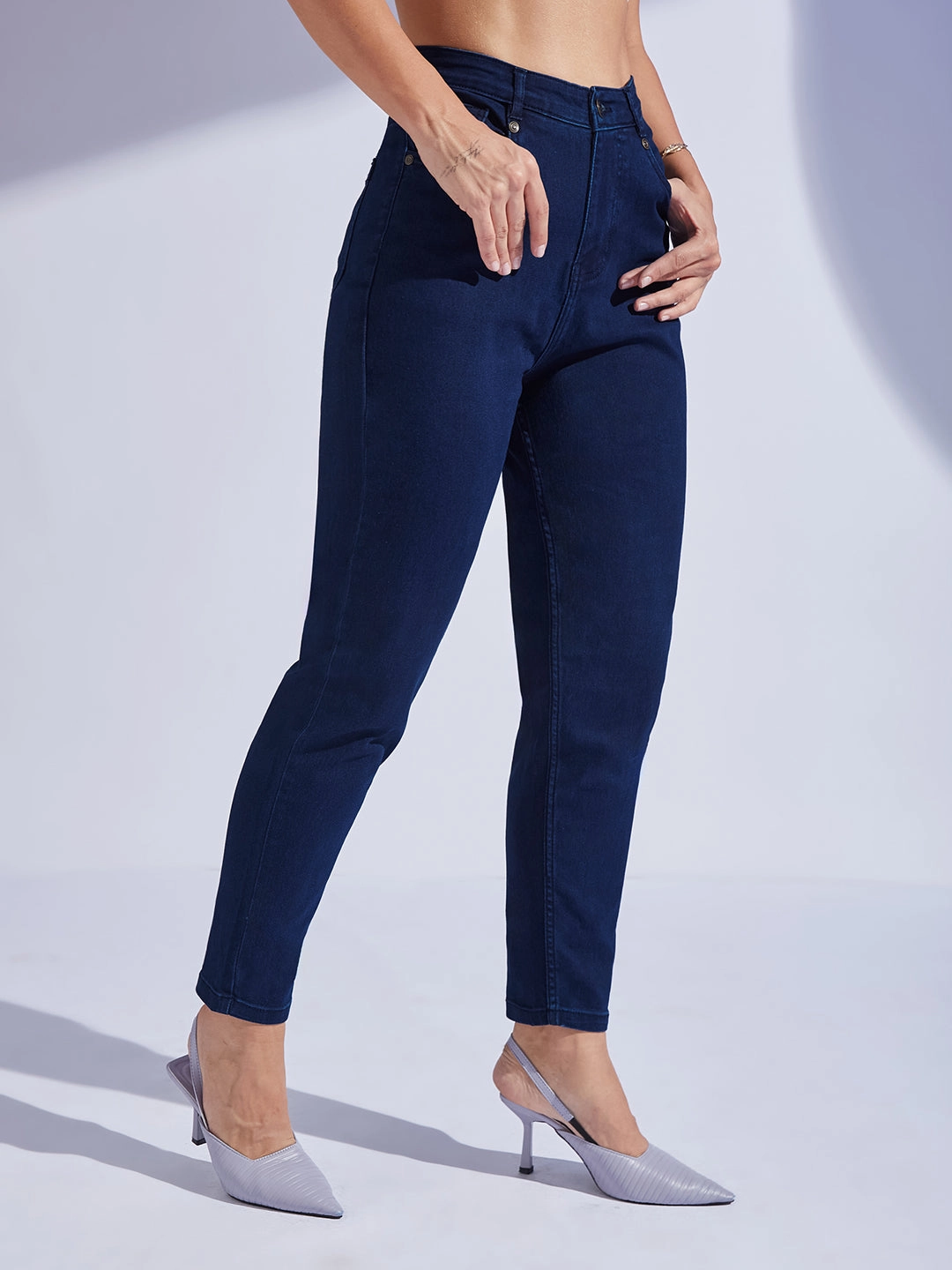 Loose Textured Travel Outfit Women's Navy Blue High-Rise Regular-Length Stretchable Denim Mom'S Jeans