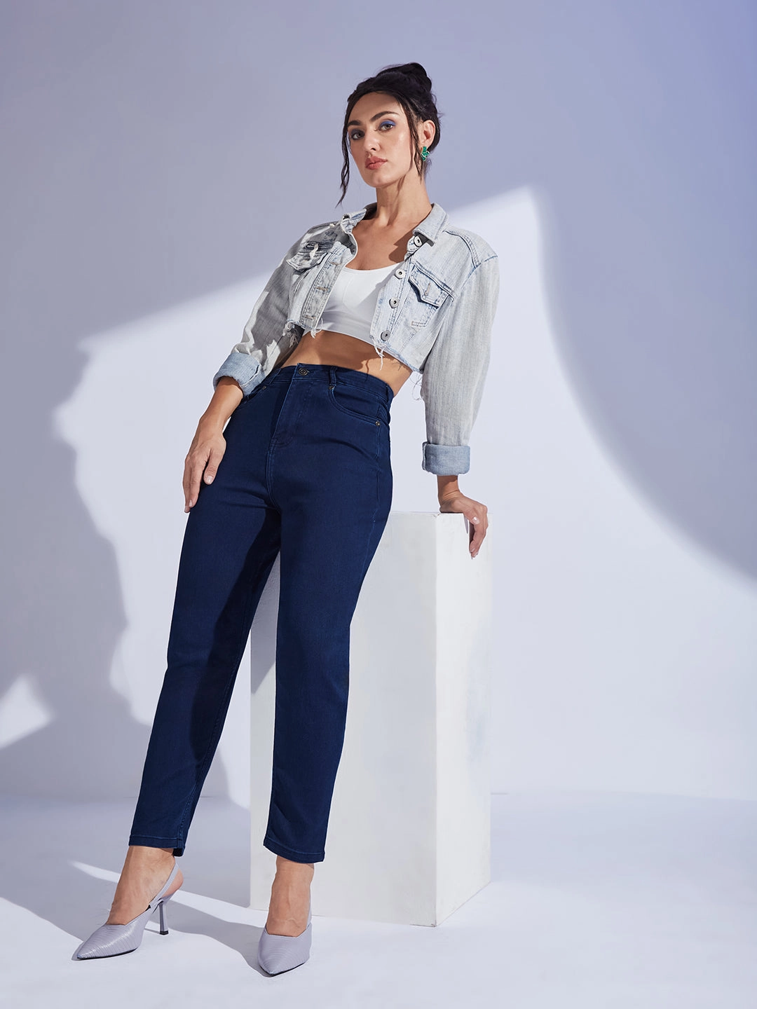 Women's Navy Blue High-Rise Regular-Length Stretchable Denim Mom'S Jeans Rainy Day High Quality