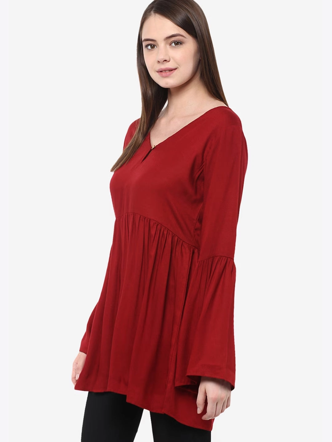 Women's Maroon V-Neck Full Sleeves Deep Back Gathered Bell Sleeves Top FrictionResistantEdges OdorResistant Technology