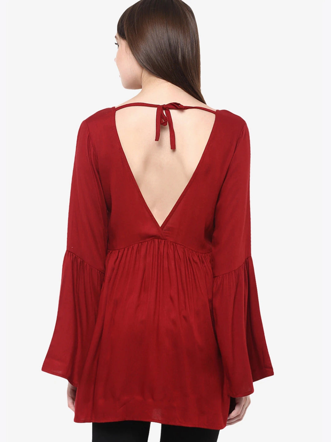 Reverseble Design Women's Maroon V-Neck Full Sleeves Deep Back Gathered Bell Sleeves Top