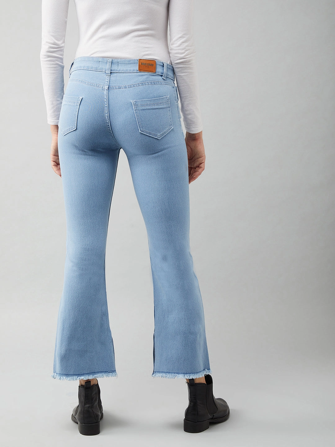 Women's Light Blue Bell-Bottom Semi Bootcut High-Rise Cropped Stretchable Denim Jeans Breathable Lining System Streetwear Fan Premium