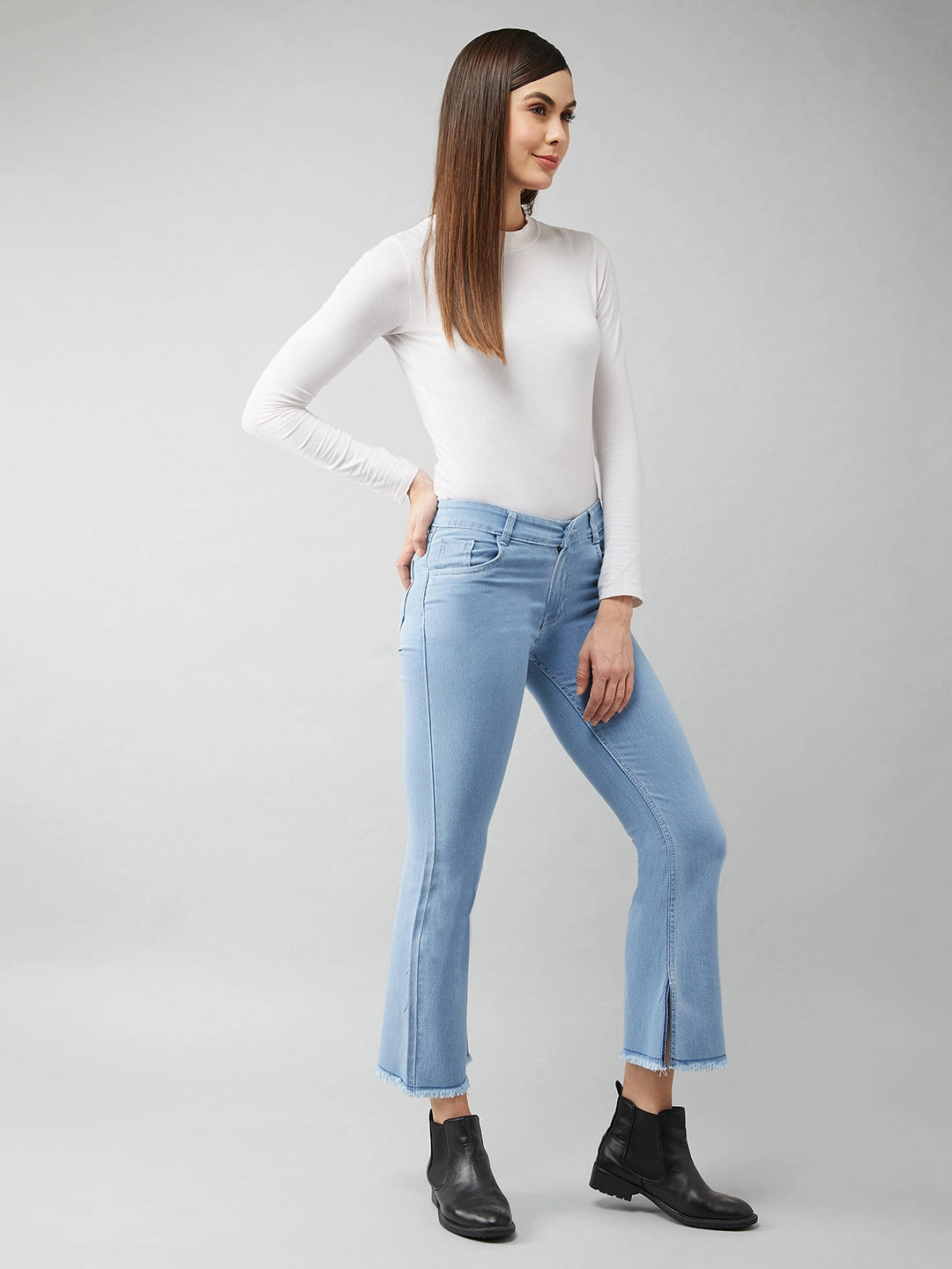 Bold Look Parent Style Women's Light Blue Bell-Bottom Semi Bootcut High-Rise Cropped Stretchable Denim Jeans