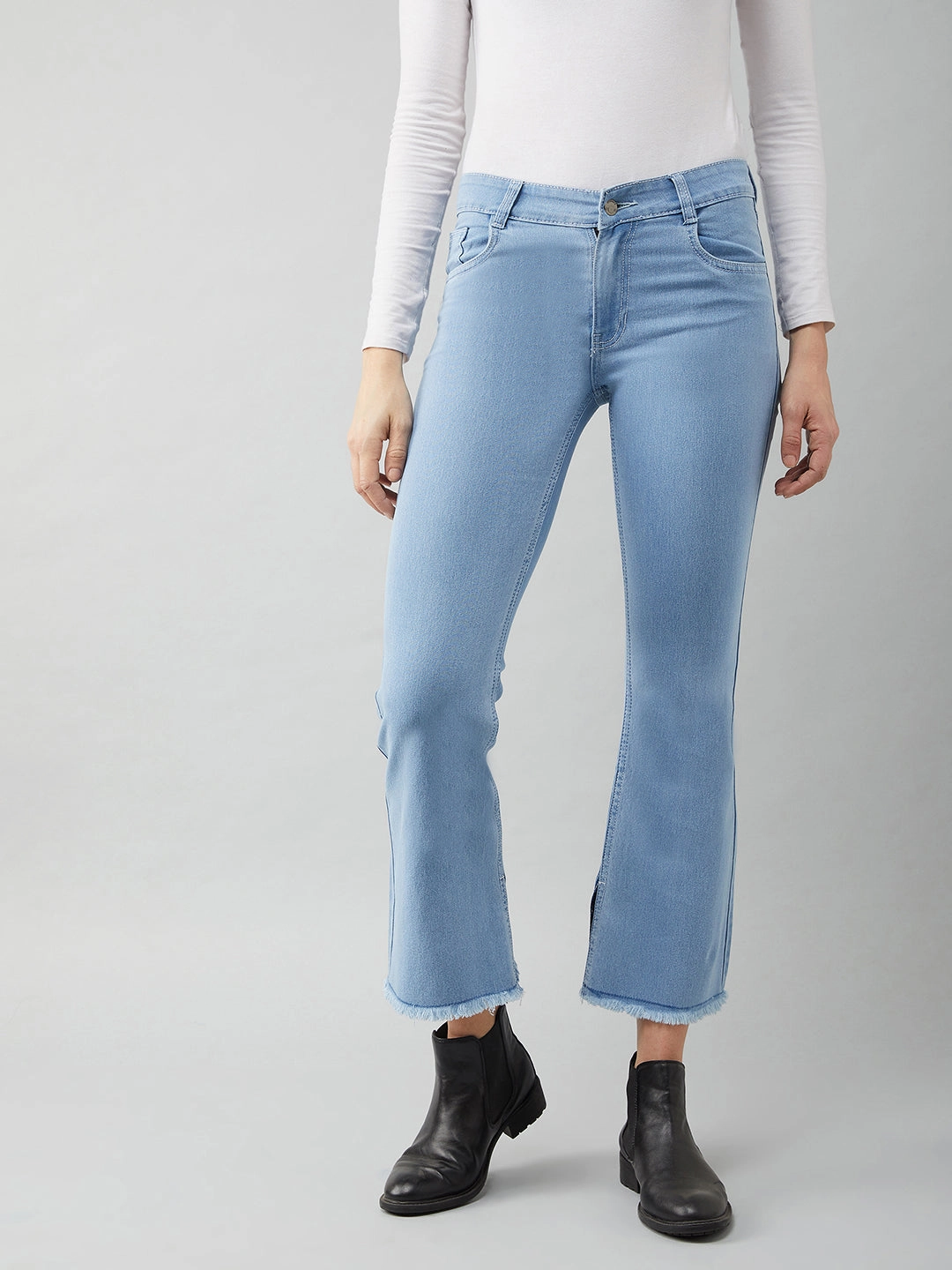 Affordable Autumn Days Breathable Women's Light Blue Bell-Bottom Semi Bootcut High-Rise Cropped Stretchable Denim Jeans