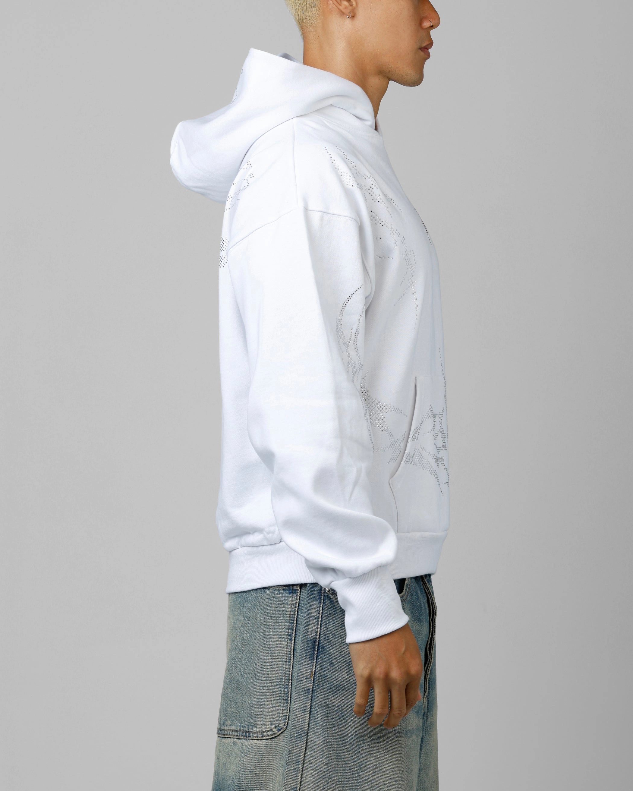 Drop Shoulder Hidden Button Placket Loiter Opaque Rhinestone Premium Hoodie Off White