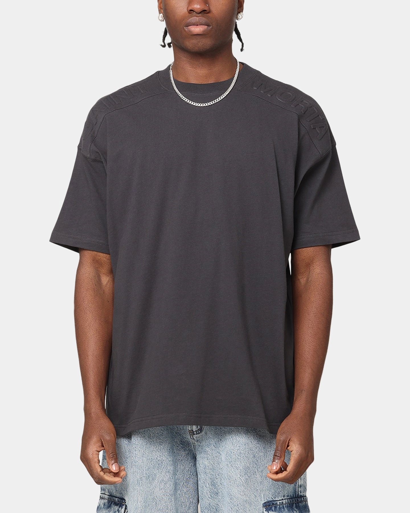 Lightweight Layering Option Saint Morta Emboss Boxy T-Shirt Dark Grey