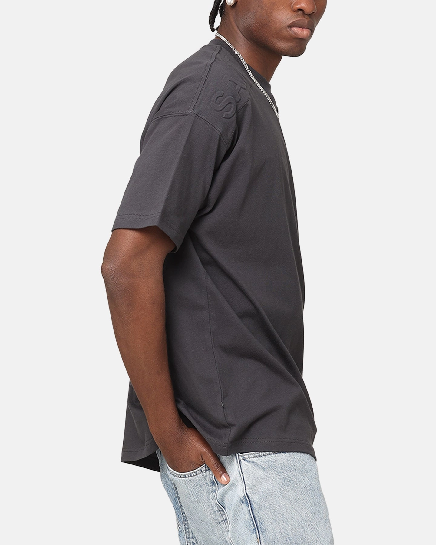 DoubleStitched Construction Light Reflective Printing Saint Morta Emboss Boxy T-Shirt Dark Grey